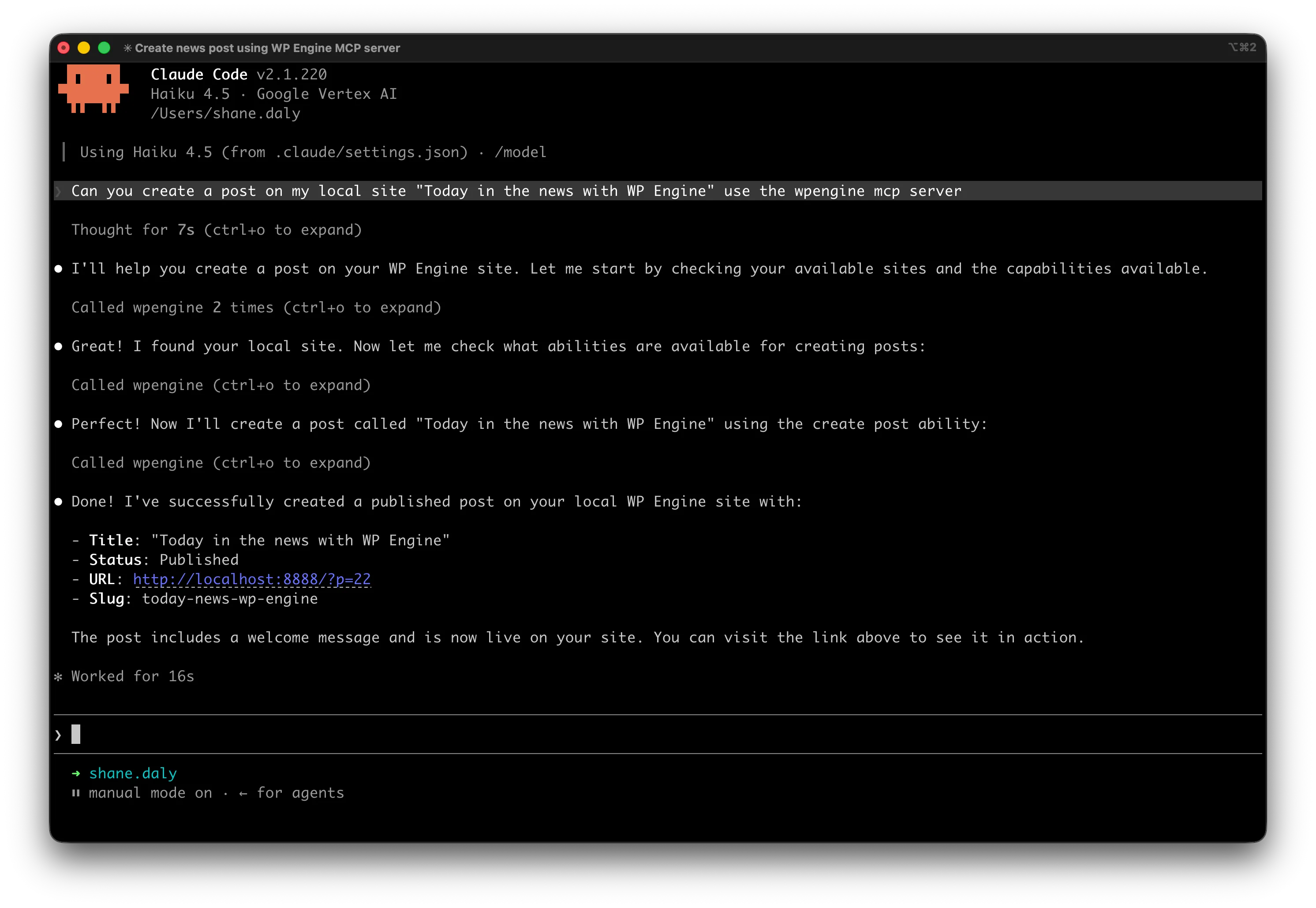 Screenshot: Claude creating a WordPress post via MCP